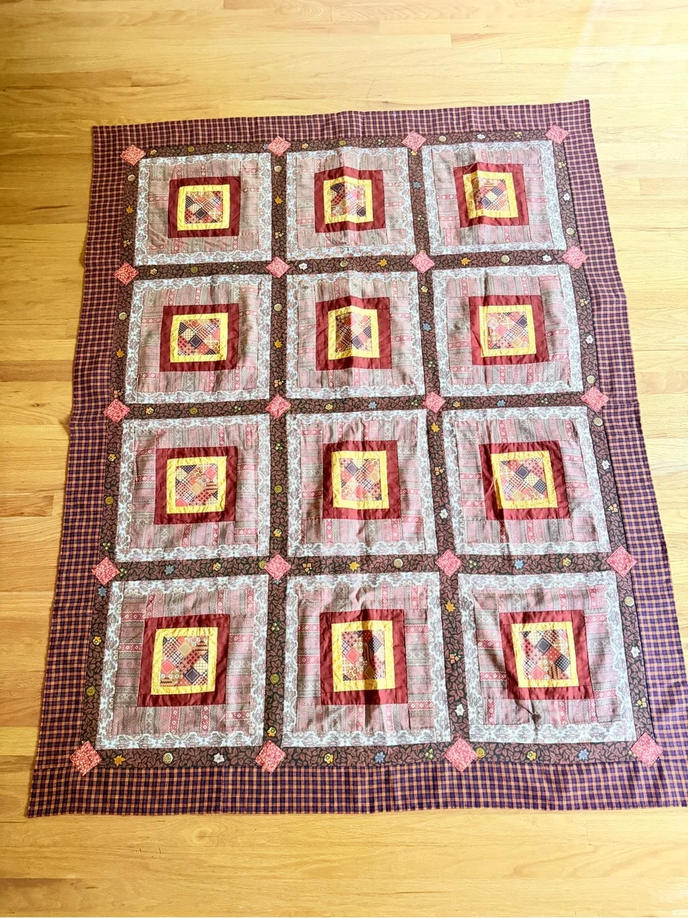 Vintage Handmade Patchwork Quilt Top Log Cabin Unfinished Craft Tablecloth 55x70